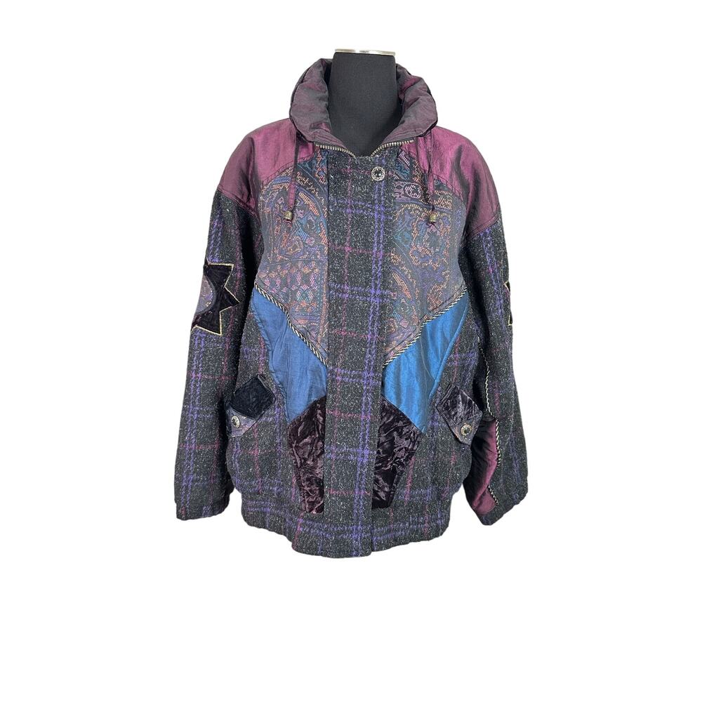 Karizma East LTD Vintage 80s Wool Blend Bomber Crushed Velvet Patchwork Jacket L